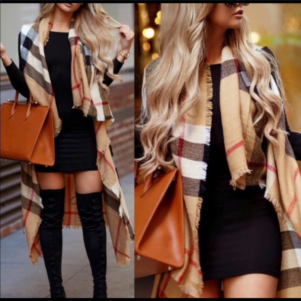 Waterfall Long Plaid Vest Poncho Wrap Scarf - New - Picture 2 of 5